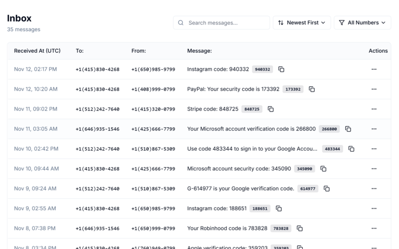 JoltSMS inbox showing received verification messages