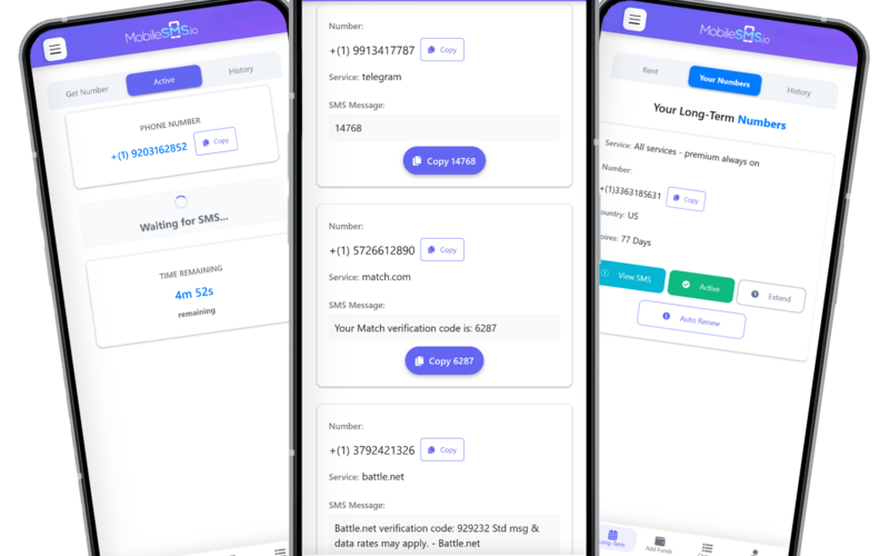 MobileSMS app showing SMS verification workflows